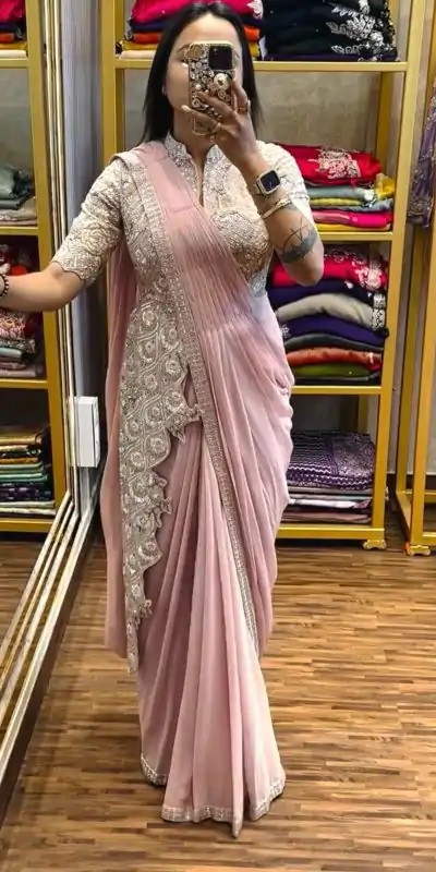 Superb Pink Color Chinon Embroidery Work Ready To Wear Saree