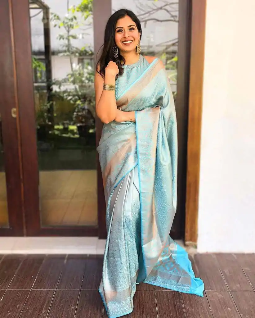  KP 4041 Sky Blue Color Soft Lichi Silk Jacquard Work On All Over Saree Casual, Wedding, Festive, Events . Expected Delivery  4-6 Working Days @1349/- only                                                                                                                                             | Sarees, Bollywood Sarees, Creative Sarees, Designer Sarees, Embroidered Sarees, Ethnic Saree, Modern Digital sarees, Party Wear Sarees