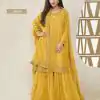 Superb Yellow Color Jacquard Silk Chinon Multi Work Salwar Suit
