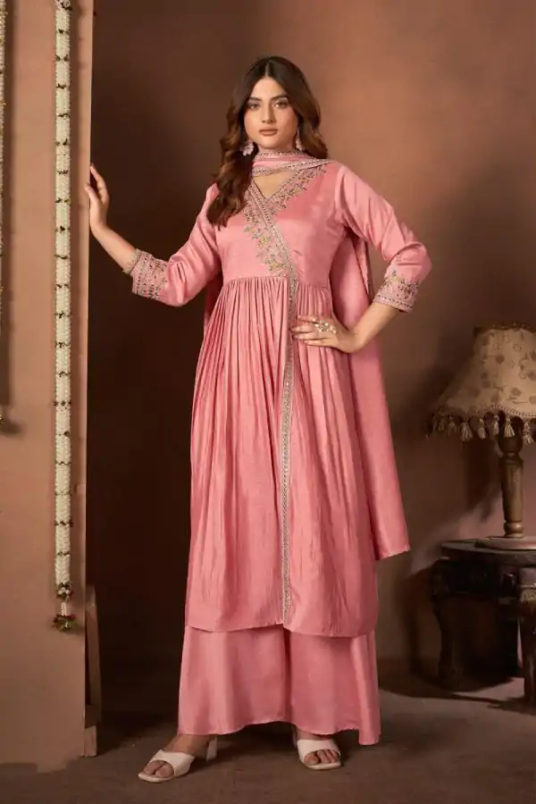 Trendy Peach Color Vichitra Silk Embroidery Work Salwar Suit