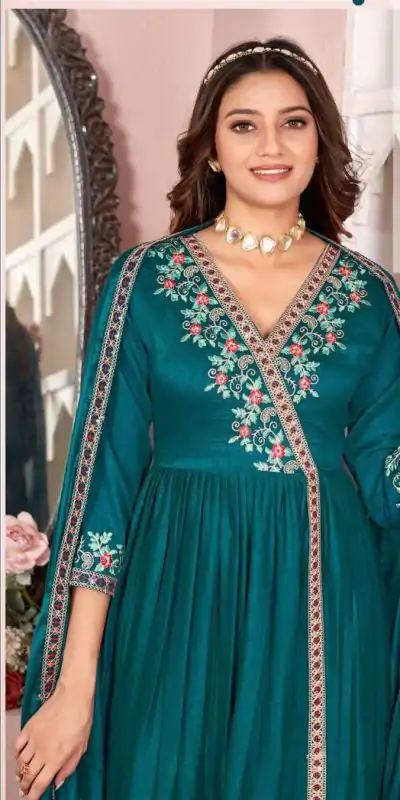 Trendy Rama Blue Color Vichitra Silk Embroidery Work Salwar Suit