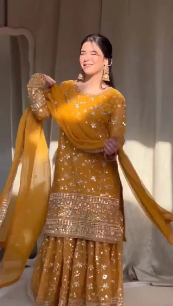 Yellow Georgette Thread 9mm Sequence Salwar Suit - Image 3