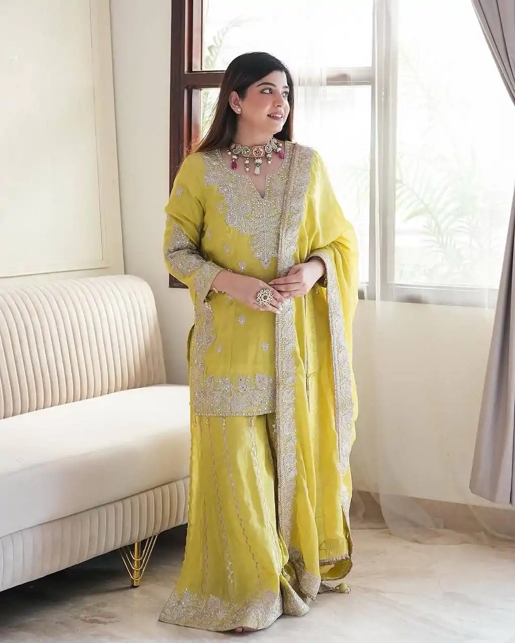 SSR 5002 Lemon Yellow Color Chinon Sequence Rivet Moti Salwar Suit Casual, Wedding, Festive, Events . Expected Delivery  4-6 Working Days @2149/- only      | Jump Suits, Salwar suit, Casual Suits, Creative suits, Designer Suits, Palazzo Suits, Party Wear Suits, Patiala Suits, Straight Suits