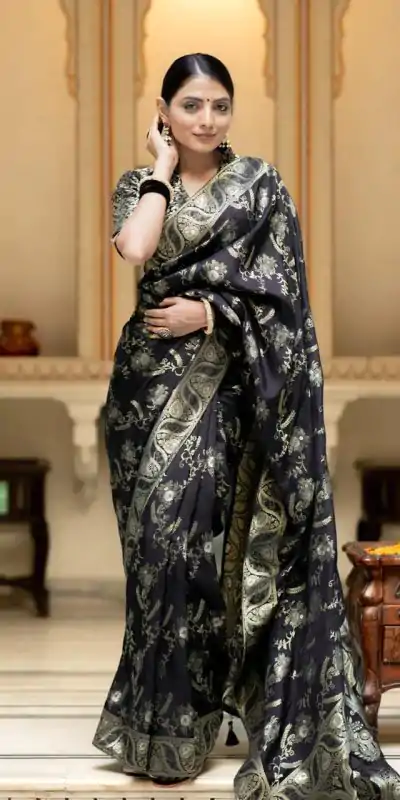 Bright Black Color Soft Litchi Silk All Over Weaving Saree
