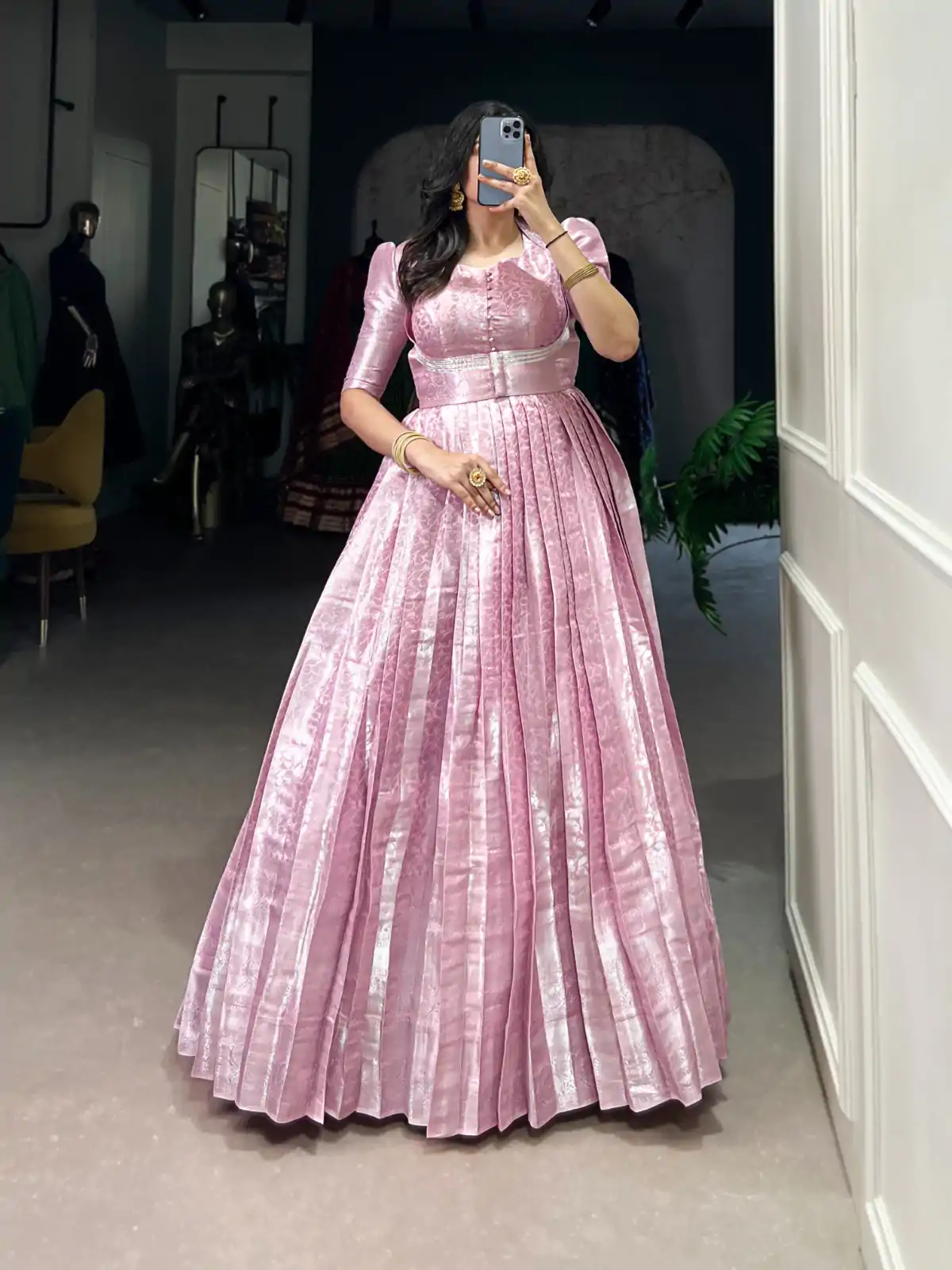 YNF 5321 Pink Color Kanjivaram Zari Weaving Work Gown Casual, Wedding, Festive, Events . Expected Delivery  4-6 Working Days @1999/- only      | Gowns, Bollywood Gowns, Creative Gowns, Designer Gowns, Embroidered Gowns, Party Wear Gowns