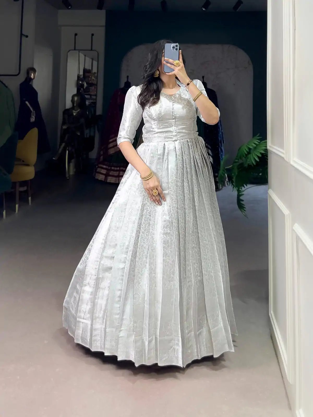 YNF 5321 White Color Kanjivaram Zari Weaving Work Gown Casual, Wedding, Festive, Events . Expected Delivery  4-6 Working Days @1999/- only      | Gowns, Bollywood Gowns, Creative Gowns, Designer Gowns, Embroidered Gowns, Party Wear Gowns