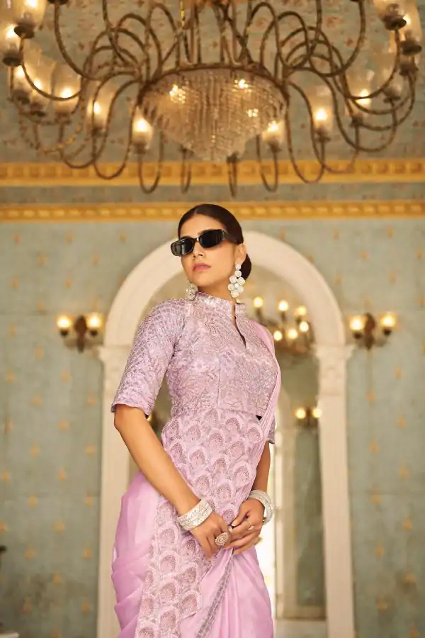 Purple Chinon Embroidery Work Lace Border Saree - Image 2