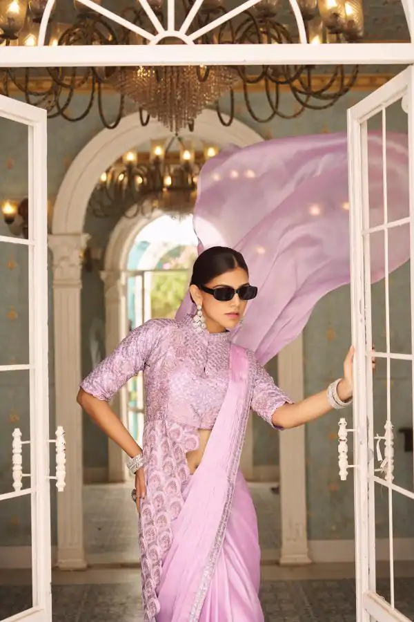 Purple Chinon Embroidery Work Lace Border Saree - Image 3