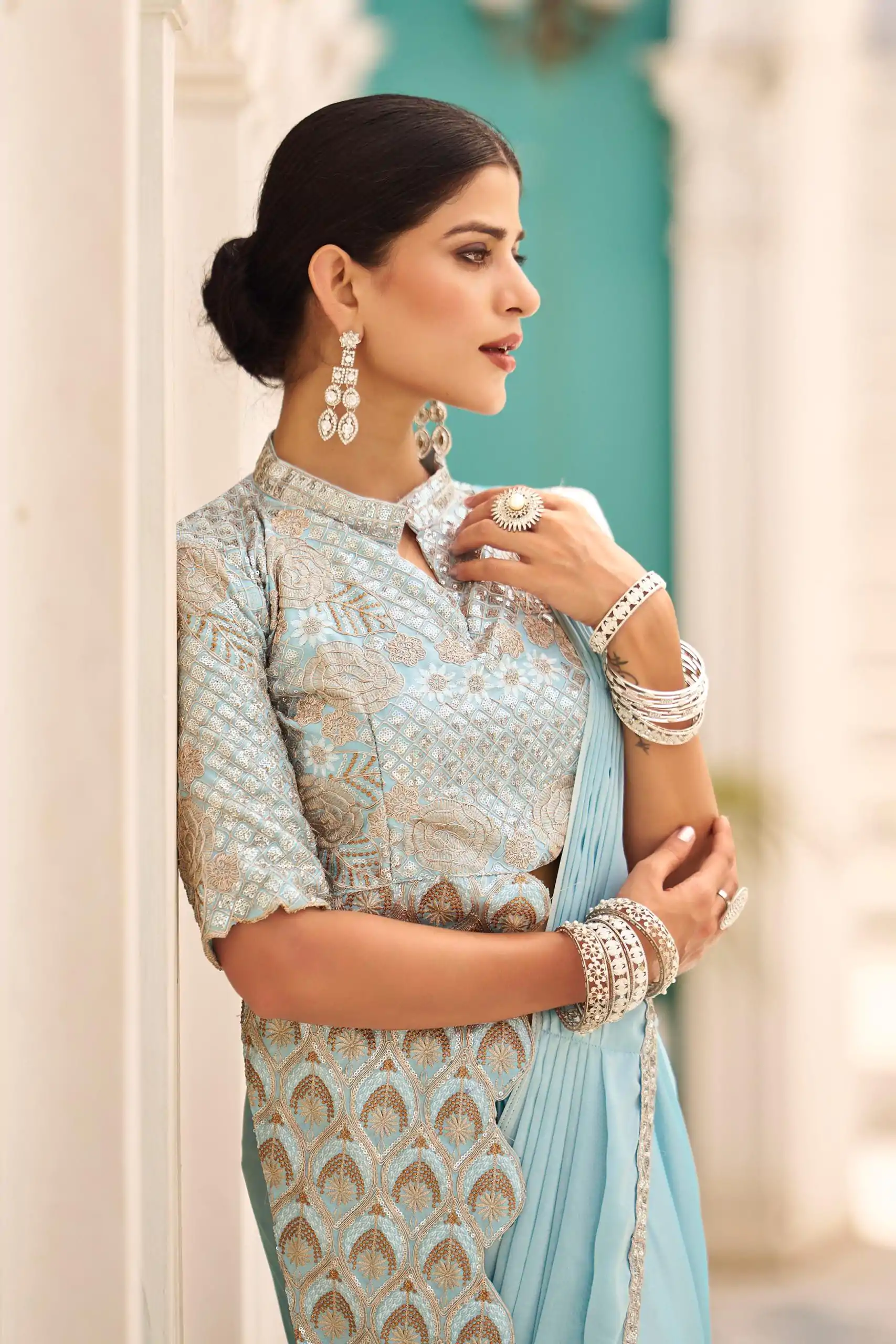 ST 1103 Sky Blue Color Chinon Embroidery Work Lace Border Saree Casual, Wedding, Festive, Events . Expected Delivery 4-6 Working Days @2099/- only | Sarees, Bollywood Sarees, Creative Sarees, Designer Sarees, Embroidered Sarees, Ethnic Saree, Modern Digital sarees, Party Wear Sarees