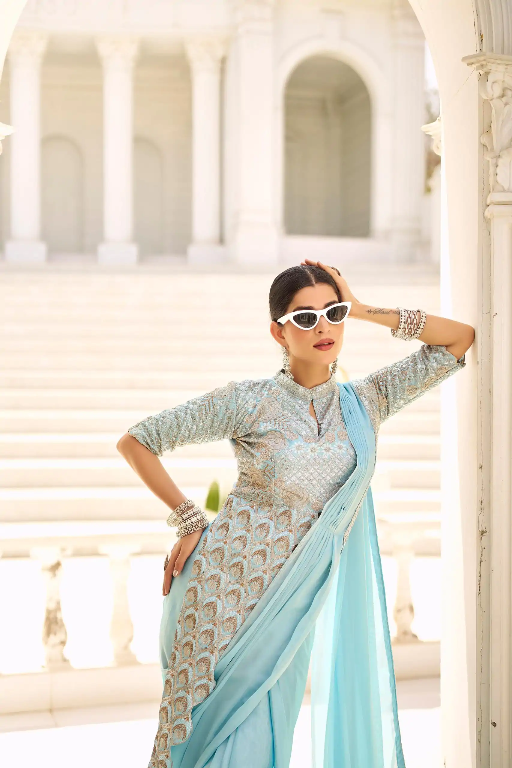 ST 1103 Sky Blue Color Chinon Embroidery Work Lace Border Saree Casual, Wedding, Festive, Events . Expected Delivery 4-6 Working Days @2099/- only | Sarees, Bollywood Sarees, Creative Sarees, Designer Sarees, Embroidered Sarees, Ethnic Saree, Modern Digital sarees, Party Wear Sarees