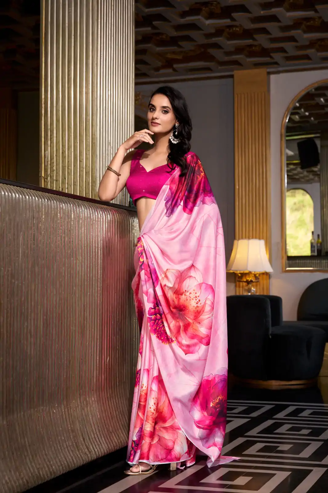 YNF 7026 Pink Color Satin Silk Printed Saree Casual, Wedding, Festive, Events . Expected Delivery  4-6 Working Days @1599/- only                                                                                                                                           | Sarees, Bollywood Sarees, Creative Sarees, Designer Sarees, Embroidered Sarees, Ethnic Saree, Modern Digital sarees, Party Wear Sarees