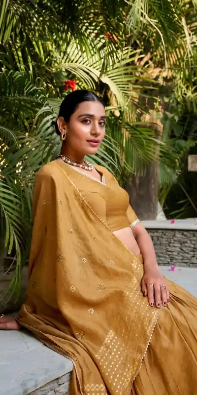 Mustard Chanderi Plain With Zari Weaving Work Border Lehenga Choli