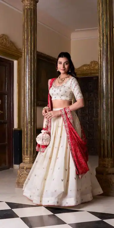 Off White Vichitra Silk Sequins Lehenga Choli