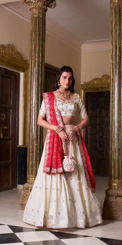 Off White Vichitra Silk Sequins Lehenga Choli