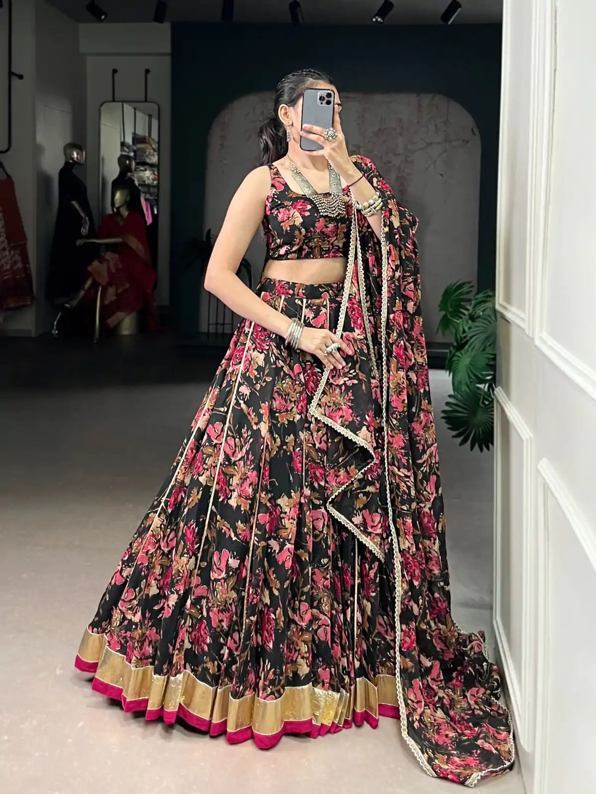LNB 1672 Black Color Chiffon Floral Print Foil Print Embossed Design Lehenga Choli Wedding, Party, Festive, Events Etc. Delivery 4-6 Working Days Rs 3499 | Lehenga, Bollywood Lehenga, Creative Lehenga, Designer Lehenga, Embroidered Lehenga, Party Wear Lehenga