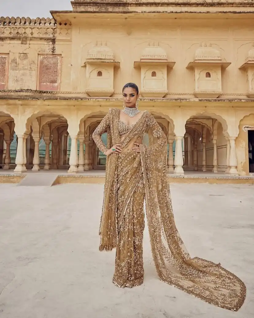 DF 3441 Chiku Color Mono Net Heavy 5mm Sequins Embroidery Work Saree Casual, Wedding, Festive, Events . Expected Delivery 4-6 Working Days @1799/- only | Sarees, Bollywood Sarees, Creative Sarees, Designer Sarees, Embroidered Sarees, Ethnic Saree, Modern Digital sarees, Party Wear Sarees