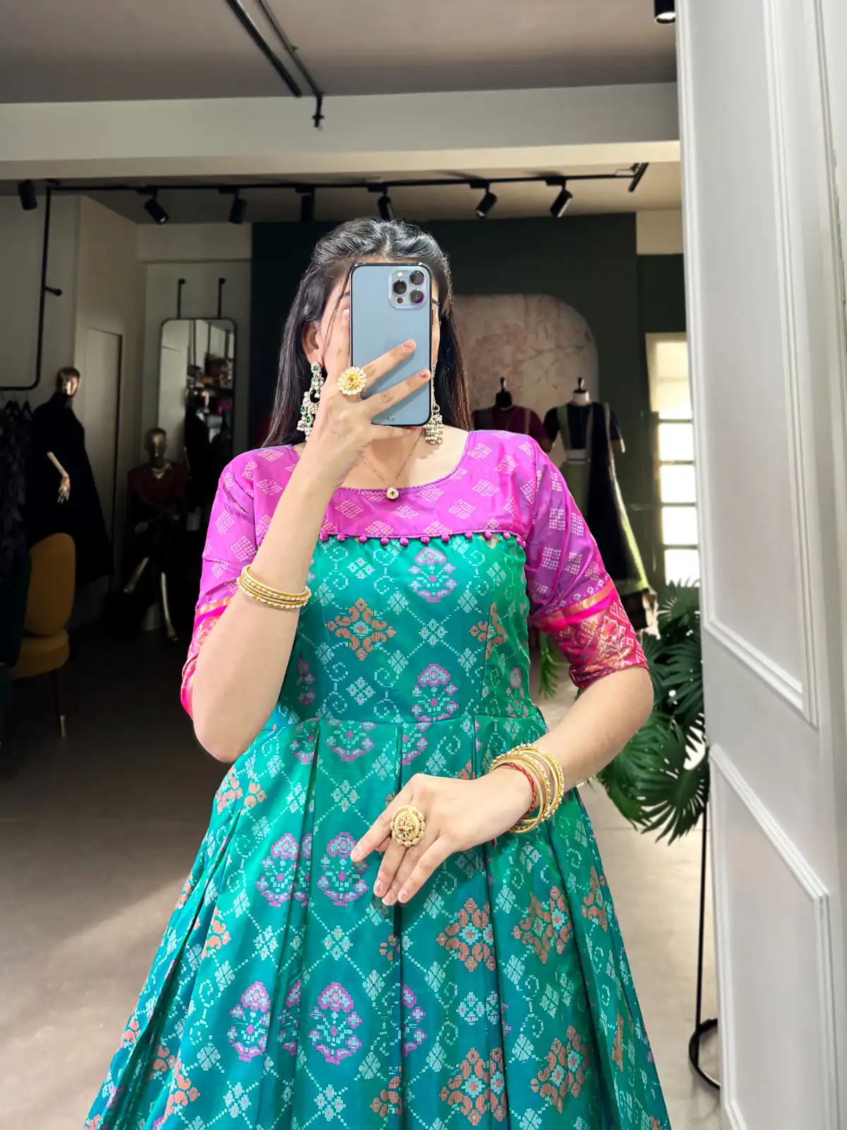 YNF 5308 Firozi Color Jacquard Silk Patola Print Zari Weaving Work Gown Casual, Wedding, Festive, Events . Expected Delivery  4-6 Working Days @2149/- only      | Gowns, Bollywood Gowns, Creative Gowns, Designer Gowns, Embroidered Gowns, Party Wear Gowns