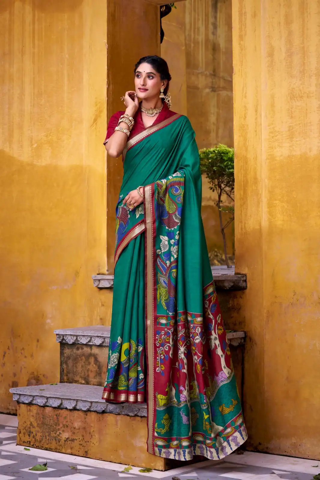 YNF 7048 Firozi Color Polyester Chanderi Kalamkari Weaving Work Saree Casual, Wedding, Festive, Events . Expected Delivery  4-6 Working Days @1499/- only                                | Sarees, Bollywood Sarees, Creative Sarees, Designer Sarees, Embroidered Sarees, Ethnic Saree, Modern Digital sarees, Party Wear Sarees