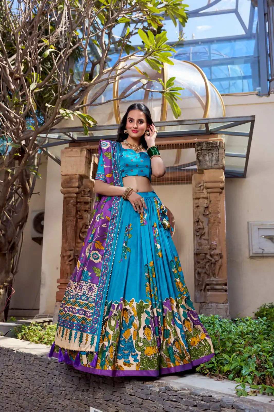 LNB 1236 Firozi Color Tasar Silk Kalamkari Print With Foil Work Lehenga Choli Wedding, Party, Festive, Events Etc. Delivery 4-6 Working Days Rs 2449 | Lehenga, Bollywood Lehenga, Creative Lehenga, Designer Lehenga, Embroidered Lehenga, Party Wear Lehenga