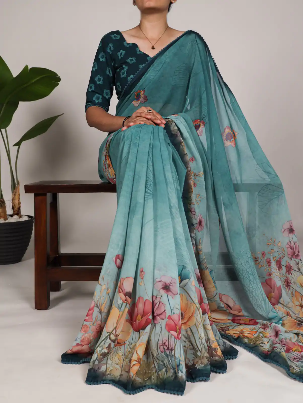 YNF 7009 Green Color Georgette Floral Print With Lace Border Saree Casual, Wedding, Festive, Events . Expected Delivery  4-6 Working Days @1299/- only                                                                                | Sarees, Bollywood Sarees, Creative Sarees, Designer Sarees, Embroidered Sarees, Ethnic Saree, Modern Digital sarees, Party Wear Sarees
