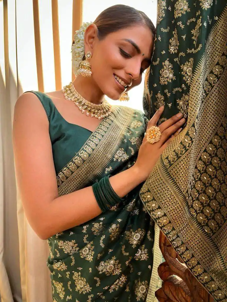 KP 5079 Green Color Soft Lichi Silk Jacquard On All Over Saree Casual, Party Wear, Wedding, Events Etc. Expected Delivery 4-6 Working Days @1449/- | Sarees, Bollywood Sarees, Creative Sarees, Designer Sarees, Embroidered Sarees, Ethnic Saree, Modern Digital sarees, Party Wear Sarees