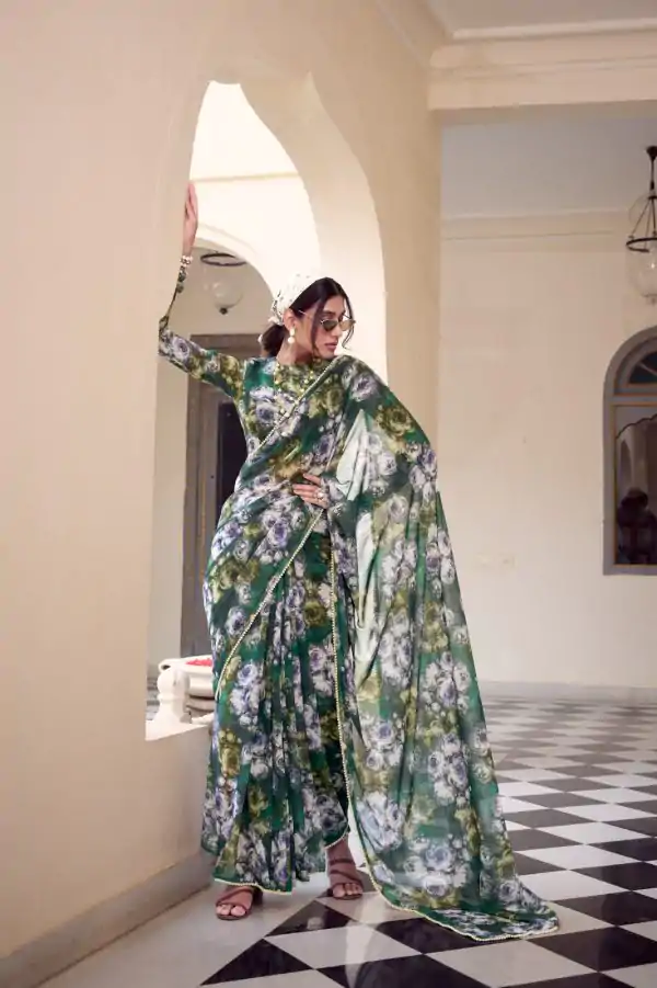YNF 7042 Green Color Weightless Marbal Floral Printed Lace Border Saree Casual, Wedding, Festive, Events . Expected Delivery  4-6 Working Days @1549/- only                                                                                | Sarees, Bollywood Sarees, Creative Sarees, Designer Sarees, Embroidered Sarees, Ethnic Saree, Modern Digital sarees, Party Wear Sarees
