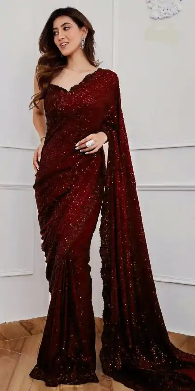 DF 3312 Maroon Color Faux Georgette 5mm Sequence Embroidery Work Saree Casual, Wedding, Festive, Events . Expected Delivery  4-6 Working Days @1899/- only                                                 | Sarees, Bollywood Sarees, Creative Sarees, Designer Sarees, Embroidered Sarees, Ethnic Saree, Modern Digital sarees, Party Wear Sarees
