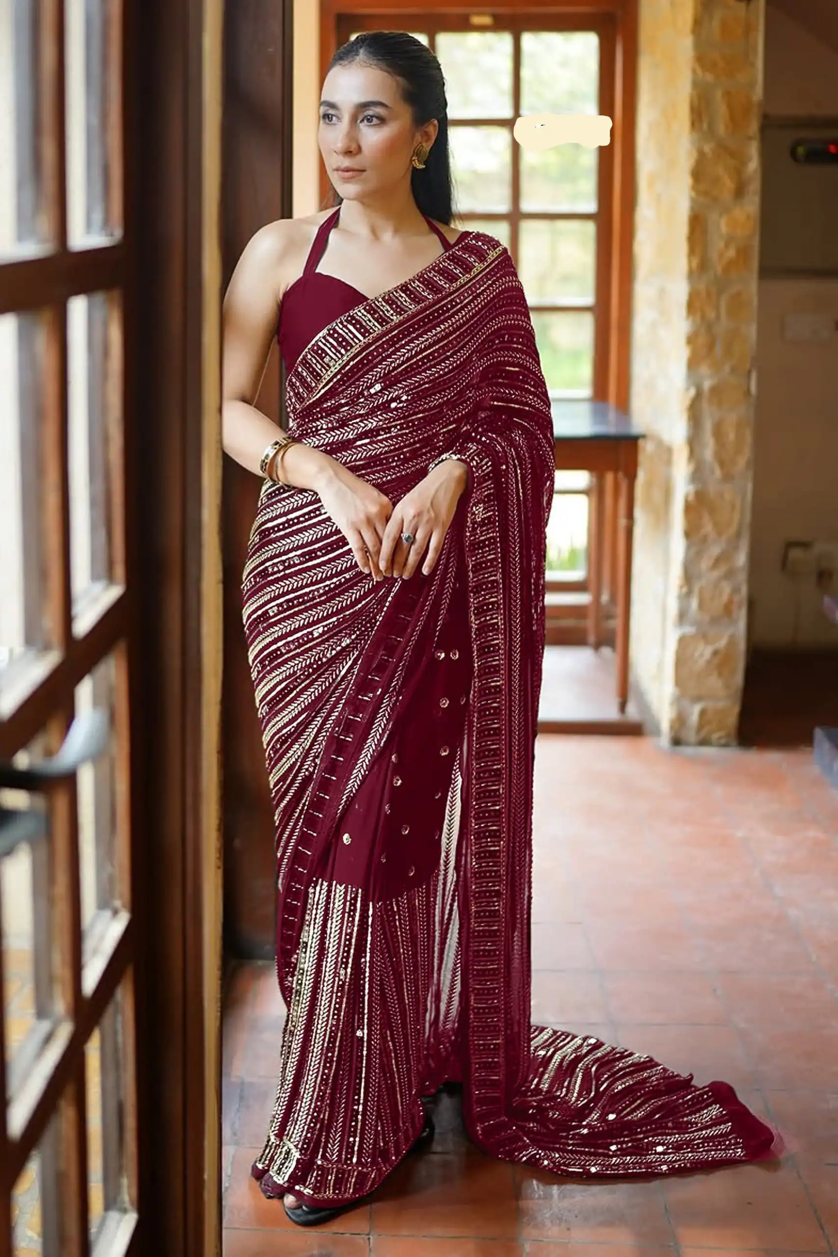DF 3451 Maroon Color Faux Georgette 5mm Sequence Embroidery Work Saree Casual, Wedding, Festive, Events . Expected Delivery  4-6 Working Days @1799/- only                                                 | Sarees, Bollywood Sarees, Creative Sarees, Designer Sarees, Embroidered Sarees, Ethnic Saree, Modern Digital sarees, Party Wear Sarees