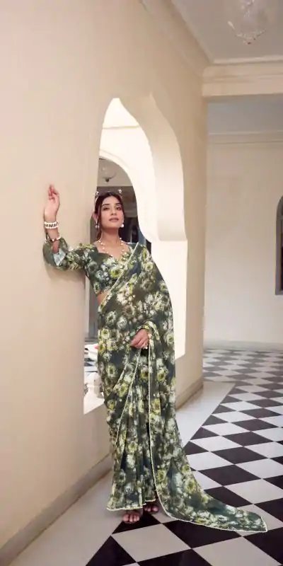 YNF 7042 Mehandi Color Weightless Marbal Floral Printed Lace Border Saree Casual, Wedding, Festive, Events . Expected Delivery  4-6 Working Days @1549/- only                                                                                | Sarees, Bollywood Sarees, Creative Sarees, Designer Sarees, Embroidered Sarees, Ethnic Saree, Modern Digital sarees, Party Wear Sarees