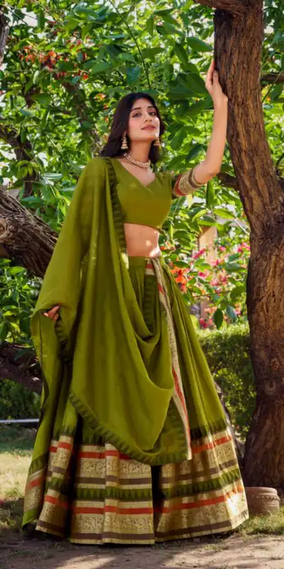 LNB 1902 Mehndi Color Chanderi Plain With Zari Weaving Work Lehenga Choli Wedding, Party, Festive, Events Etc. Delivery 4-6 Working Days Rs 2099 | Lehenga, Bollywood Lehenga, Creative Lehenga, Designer Lehenga, Embroidered Lehenga, Party Wear Lehenga