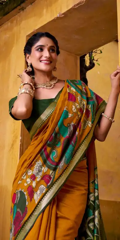 YNF 7048 Mustard Color Polyester Chanderi Kalamkari Weaving Work Saree Casual, Wedding, Festive, Events . Expected Delivery 4-6 Working Days @1499/- only | Sarees, Bollywood Sarees, Creative Sarees, Designer Sarees, Embroidered Sarees, Ethnic Saree, Modern Digital sarees, Party Wear Sarees