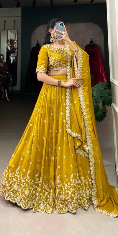 LNB 1415 Mustard Color Vichitra Silk Sequins Thread Embroidery Work Lehenga Choli Wedding, Party, Festive, Events Etc. Delivery 4-6 Working Days Rs 3199 | Lehenga, Bollywood Lehenga, Creative Lehenga, Designer Lehenga, Embroidered Lehenga, Party Wear Lehenga