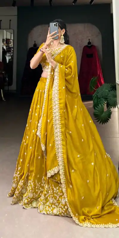LNB 1415 Mustard Color Vichitra Silk Sequins Thread Embroidery Work Lehenga Choli Wedding, Party, Festive, Events Etc. Delivery 4-6 Working Days Rs 3199 | Lehenga, Bollywood Lehenga, Creative Lehenga, Designer Lehenga, Embroidered Lehenga, Party Wear Lehenga