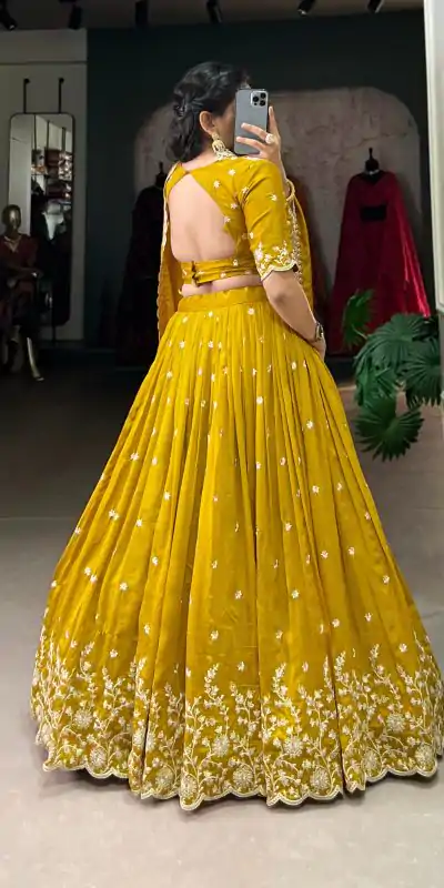 LNB 1415 Mustard Color Vichitra Silk Sequins Thread Embroidery Work Lehenga Choli Wedding, Party, Festive, Events Etc. Delivery 4-6 Working Days Rs 3199 | Lehenga, Bollywood Lehenga, Creative Lehenga, Designer Lehenga, Embroidered Lehenga, Party Wear Lehenga