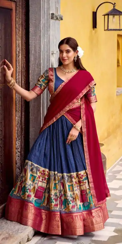 LNB 1242 Navy Blue Color Poly Chanderi Kalamkari Printed Weaving Work Lehenga Choli Wedding, Party, Festive, Events Etc. Delivery 4-6 Working Days Rs 1899 | Lehenga, Bollywood Lehenga, Creative Lehenga, Designer Lehenga, Embroidered Lehenga, Party Wear Lehenga