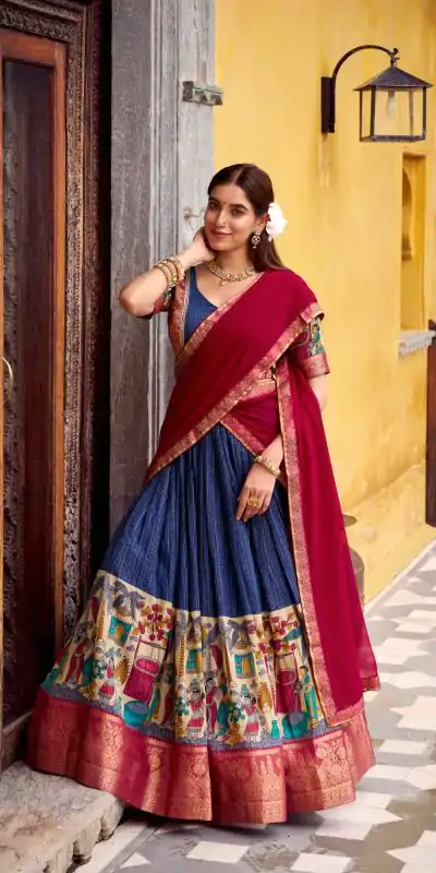 LNB 1242 Navy Blue Color Poly Chanderi Kalamkari Printed Weaving Work Lehenga Choli Wedding, Party, Festive, Events Etc. Delivery 4-6 Working Days Rs 1899 | Lehenga, Bollywood Lehenga, Creative Lehenga, Designer Lehenga, Embroidered Lehenga, Party Wear Lehenga