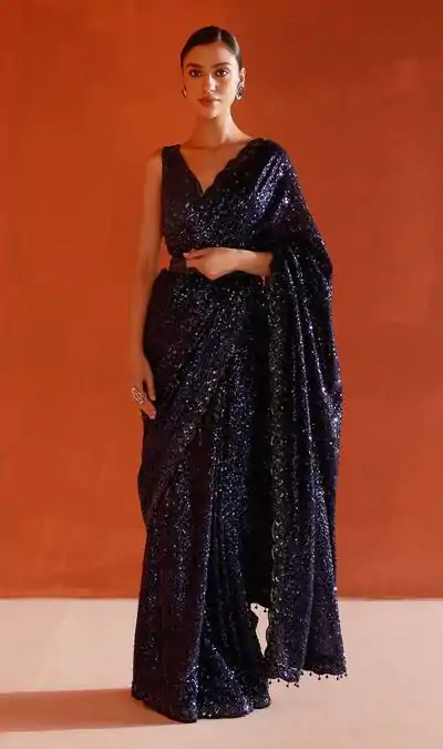 DF 3440 Navy blue Color Georgette Khichdi Sequence Embroidery Work Saree Casual, Wedding, Festive, Events . Expected Delivery  4-6 Working Days @1799/- only                                                 | Sarees, Bollywood Sarees, Creative Sarees, Designer Sarees, Embroidered Sarees, Ethnic Saree, Modern Digital sarees, Party Wear Sarees