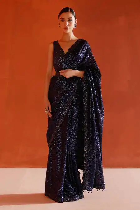 DF 3440 Navy blue Color Georgette Khichdi Sequence Embroidery Work Saree Casual, Wedding, Festive, Events . Expected Delivery  4-6 Working Days @1799/- only                                                 | Sarees, Bollywood Sarees, Creative Sarees, Designer Sarees, Embroidered Sarees, Ethnic Saree, Modern Digital sarees, Party Wear Sarees
