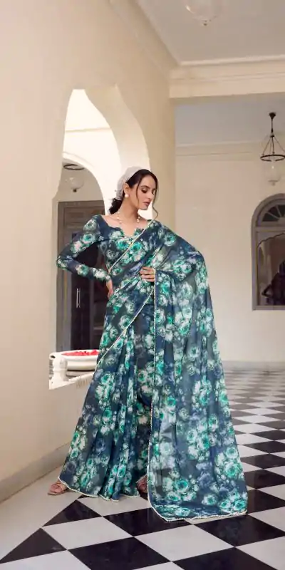 YNF 7042 Navy Blue Color Weightless Marbal Floral Printed Border Saree Casual, Wedding, Festive, Events . Expected Delivery  4-6 Working Days @1549/- only                                                                                | Sarees, Bollywood Sarees, Creative Sarees, Designer Sarees, Embroidered Sarees, Ethnic Saree, Modern Digital sarees, Party Wear Sarees