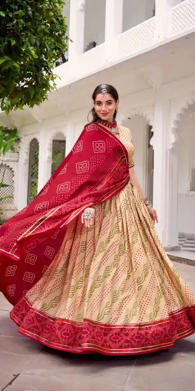 LNB 1250 Off White Color Tasar Silk Bandhej Print With Gotta Patti Lace Lehenga Choli Festive Party Wedding, Events etc. Delivery 4-6 Working Days @2149/- | Lehenga, Bollywood Lehenga, Creative Lehenga, Designer Lehenga, Embroidered Lehenga, Party Wear Lehenga