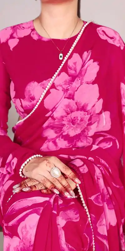 YNF 7011 Pink Color Chiffon Foral Printed Pearl Lace Border Saree Casual, Wedding, Festive, Events . Expected Delivery  4-6 Working Days @1499/- only                                                                                | Sarees, Bollywood Sarees, Creative Sarees, Designer Sarees, Embroidered Sarees, Ethnic Saree, Modern Digital sarees, Party Wear Sarees