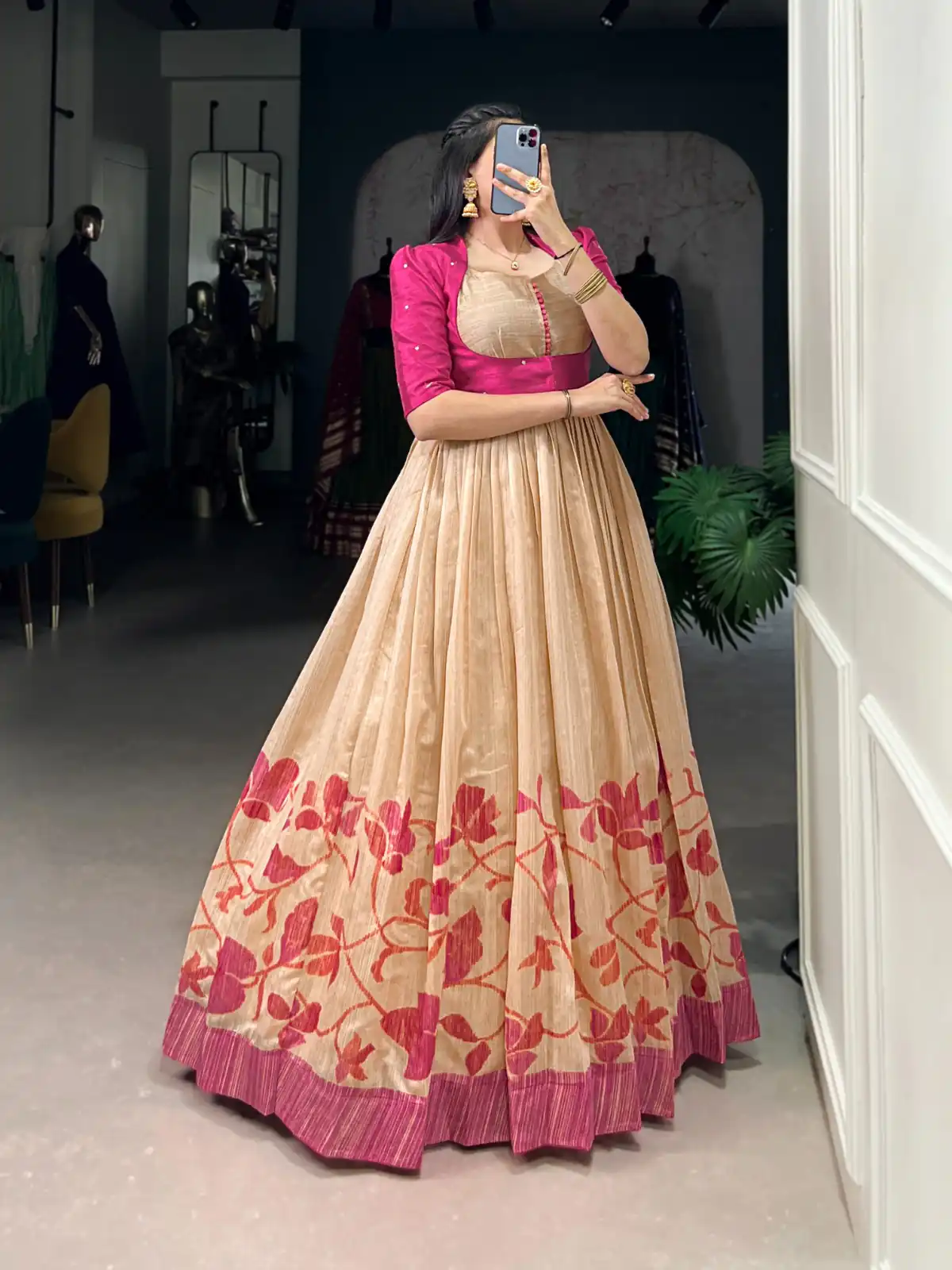 YNF 5027 Pink Color Green Silk Printed Gown Casual, Wedding, Festive, Events . Expected Delivery  4-6 Working Days @1799/- only      | Gowns, Bollywood Gowns, Creative Gowns, Designer Gowns, Embroidered Gowns, Party Wear Gowns