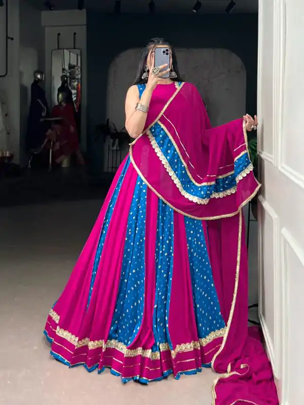 LNB 1673 Pink Color Tasar Silk Bandhej Print With Lace Touch Up Lehenga Choli Wedding, Party, Festive, Events Etc. Delivery 4-6 Working Days Rs 3099 | Lehenga, Bollywood Lehenga, Creative Lehenga, Designer Lehenga, Embroidered Lehenga, Party Wear Lehenga