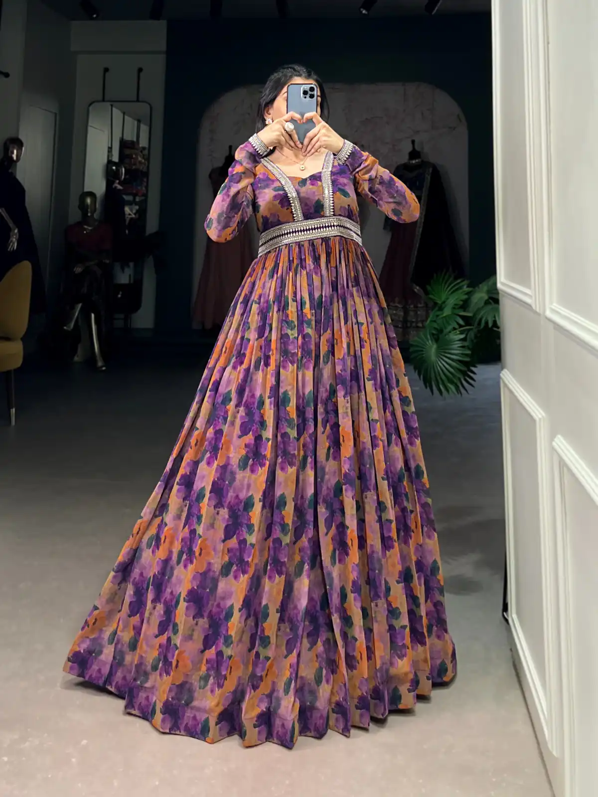 YNF 5019 Purple Color Georgette Floral print with Lace Border Gown Casual, Wedding, Festive, Events . Expected Delivery  4-6 Working Days @1799/- only      | Gowns, Bollywood Gowns, Creative Gowns, Designer Gowns, Embroidered Gowns, Party Wear Gowns