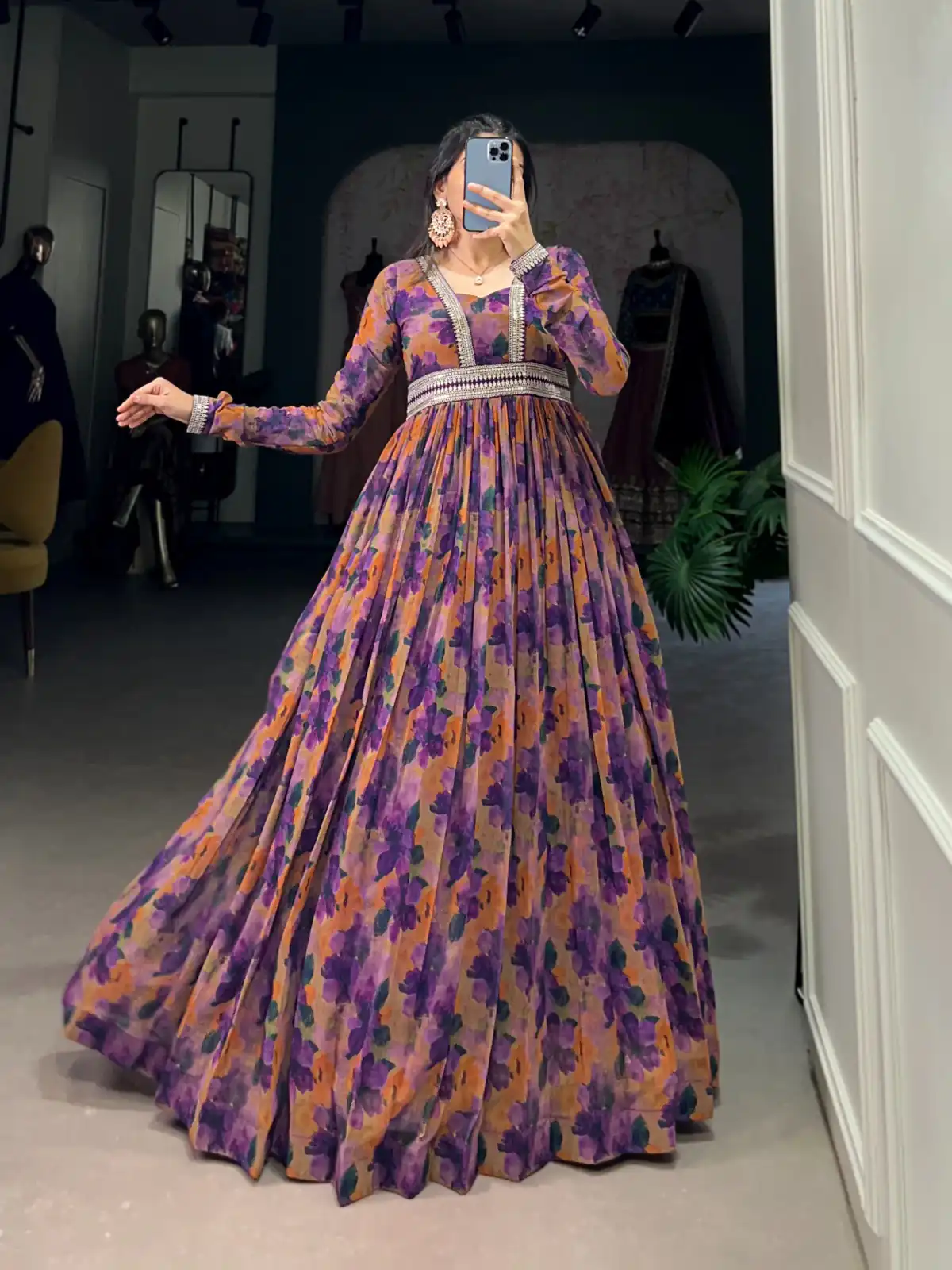 YNF 5019 Purple Color Georgette Floral print with Lace Border Gown Casual, Wedding, Festive, Events . Expected Delivery  4-6 Working Days @1799/- only      | Gowns, Bollywood Gowns, Creative Gowns, Designer Gowns, Embroidered Gowns, Party Wear Gowns