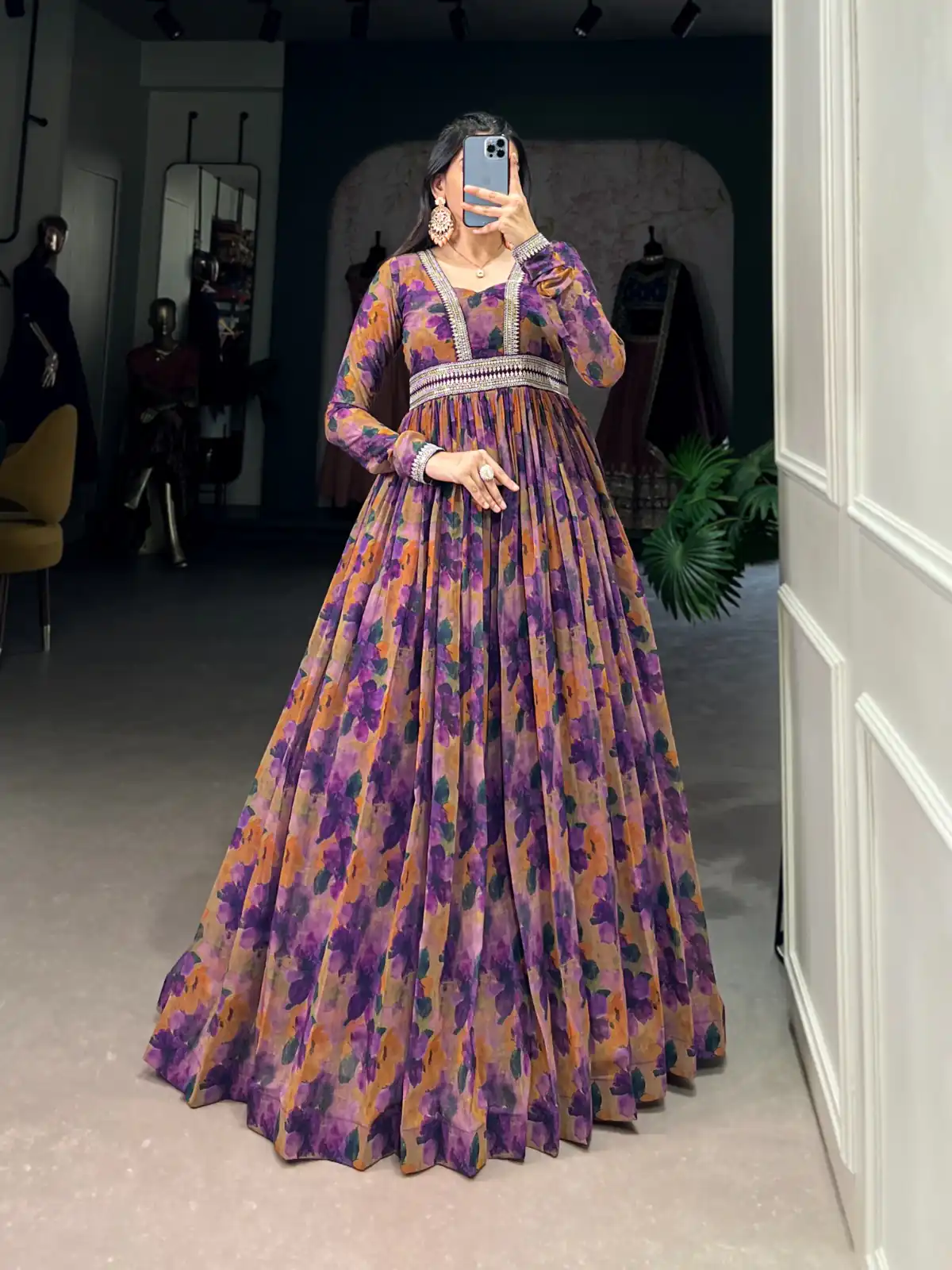 YNF 5019 Purple Color Georgette Floral print with Lace Border Gown Casual, Wedding, Festive, Events . Expected Delivery  4-6 Working Days @1799/- only      | Gowns, Bollywood Gowns, Creative Gowns, Designer Gowns, Embroidered Gowns, Party Wear Gowns
