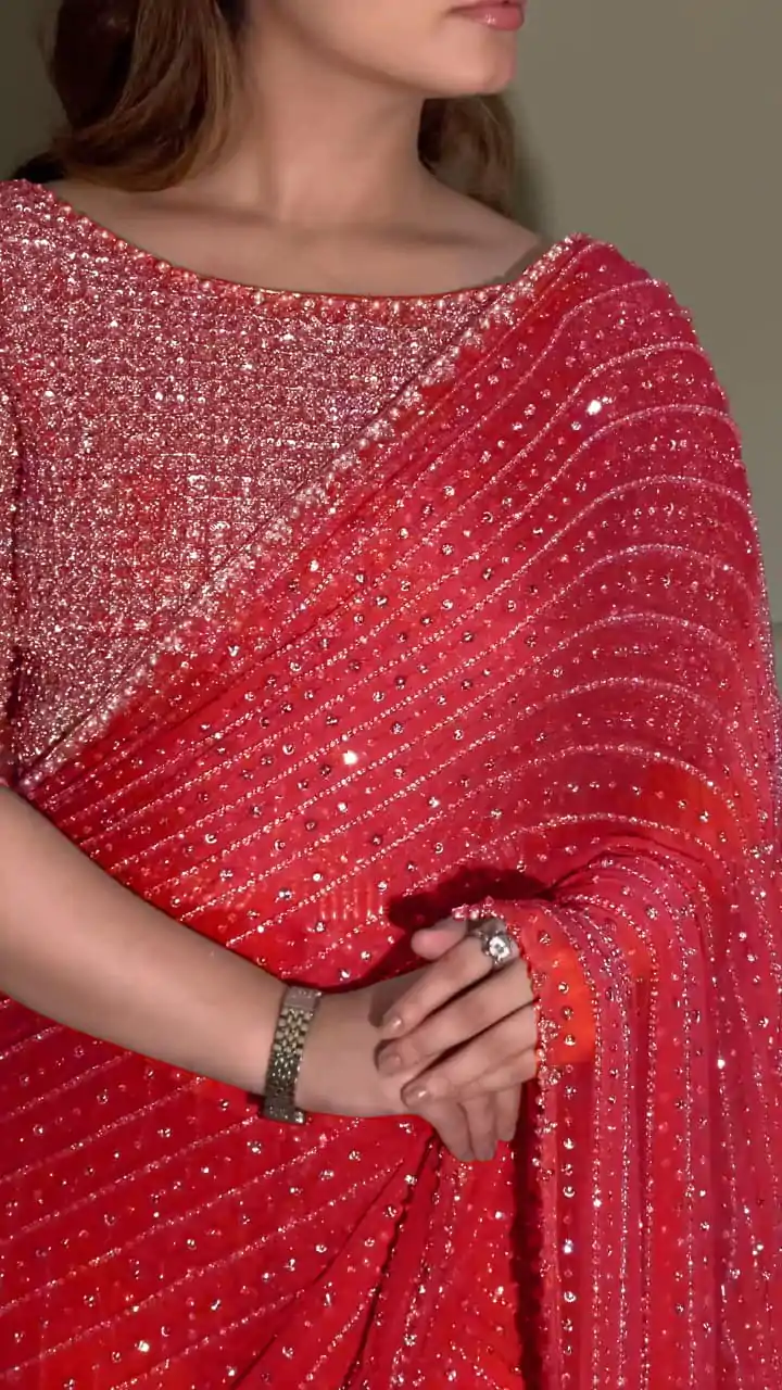 YNF 3452 Red Color Georgette Sequins Multy Embroidery Work Saree Casual, Wedding, Festive, Events . Expected Delivery  4-6 Working Days @1799/- only                                                                                | Sarees, Bollywood Sarees, Creative Sarees, Designer Sarees, Embroidered Sarees, Ethnic Saree, Modern Digital sarees, Party Wear Sarees