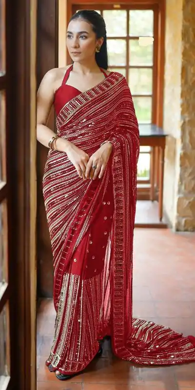DF 3451 Red Color Faux Georgette 5mm Sequence Embroidery Work Saree Casual, Wedding, Festive, Events . Expected Delivery  4-6 Working Days @1799/- only                                                 | Sarees, Bollywood Sarees, Creative Sarees, Designer Sarees, Embroidered Sarees, Ethnic Saree, Modern Digital sarees, Party Wear Sarees