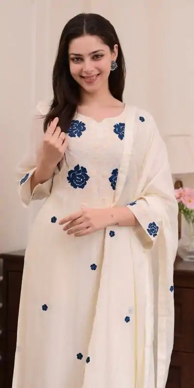 BE 382 White Color Roman Silk Embroidery Work Salwar Suit Casual, Wedding, Festive, Events . Expected Delivery  4-6 Working Days @1949/- only      | Jump Suits, Tops & Bottoms, Track Suits, Salwar suit, Casual Suits, Creative suits, Designer Suits, Palazzo Suits, Party Wear Suits, Patiala Suits, Straight Suits, Trendy Wear