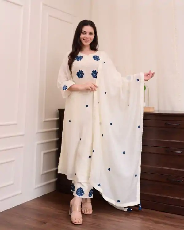 BE 382 White Color Roman Silk Embroidery Work Salwar Suit Casual, Wedding, Festive, Events . Expected Delivery  4-6 Working Days @1949/- only      | Jump Suits, Tops & Bottoms, Track Suits, Salwar suit, Casual Suits, Creative suits, Designer Suits, Palazzo Suits, Party Wear Suits, Patiala Suits, Straight Suits, Trendy Wear
